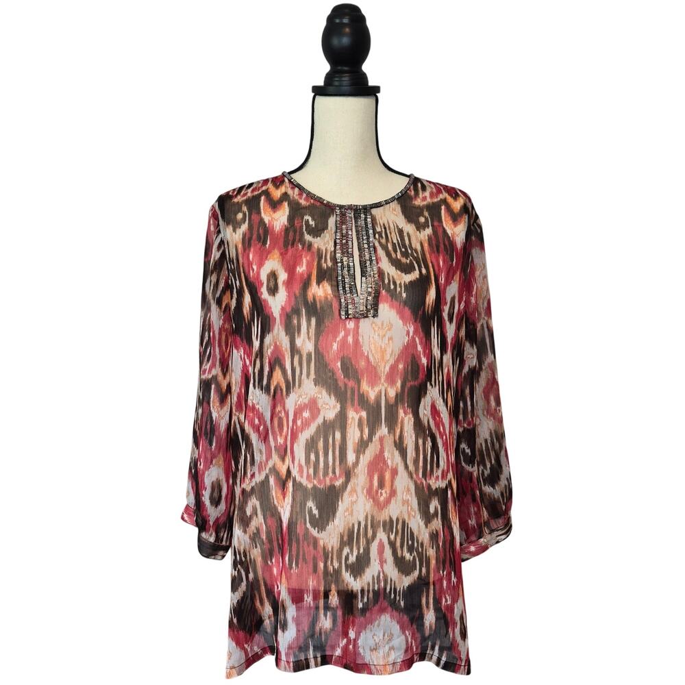 Chico's Boho Abstract Ikat Print Tunic Top Beaded Neckline 3/4 Sleeve Size Large